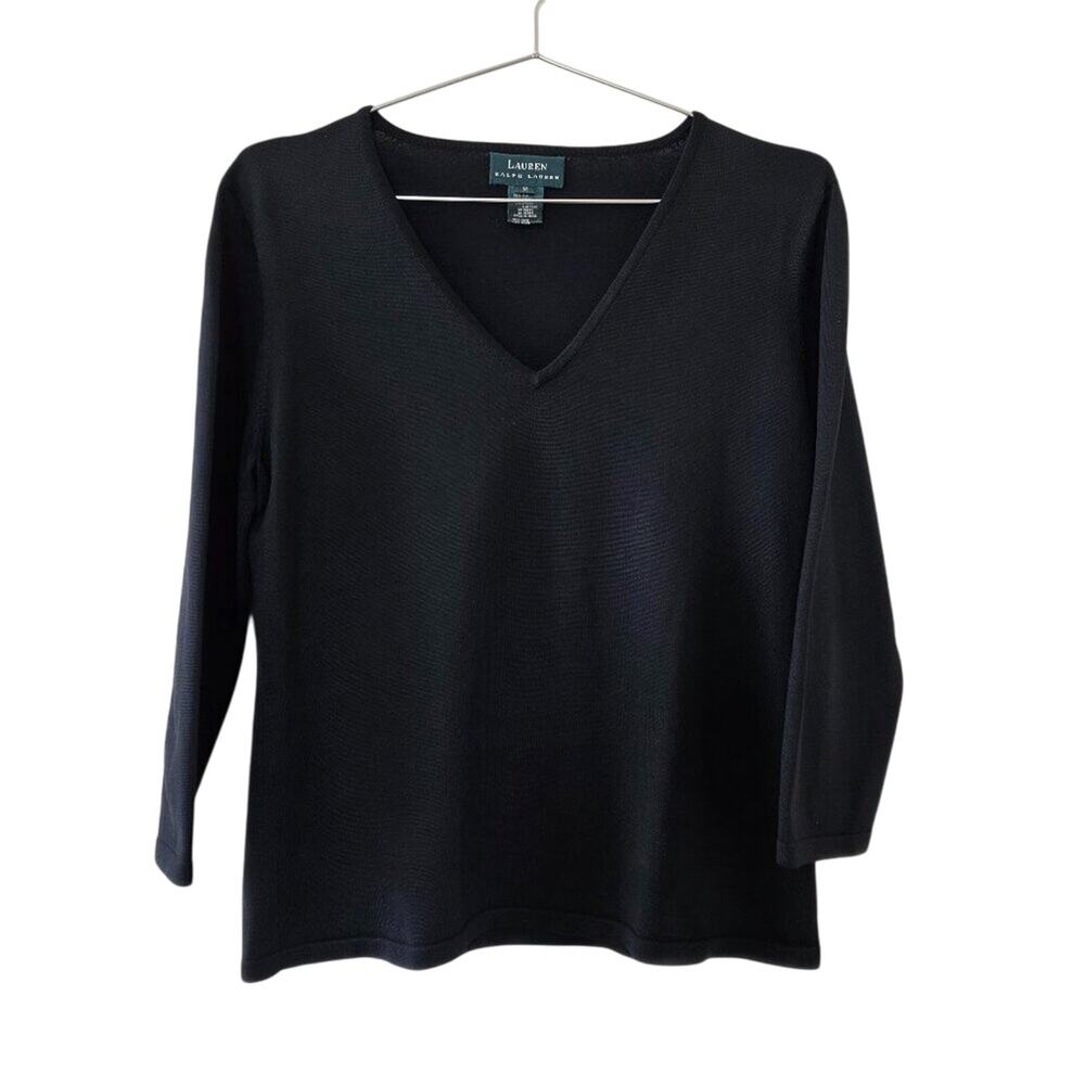 Lauren Ralph Lauren Silk Blend V Neck Sweater Top Womens Sz M Black Long Sleeve